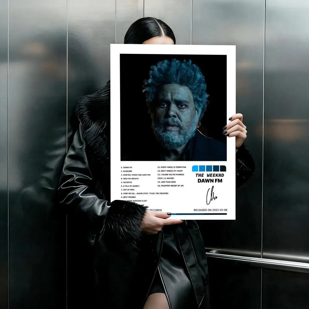 White-framed weeknd hip hop poster featuring blue-tinged dawn fm album art and tracklist for bar home decor