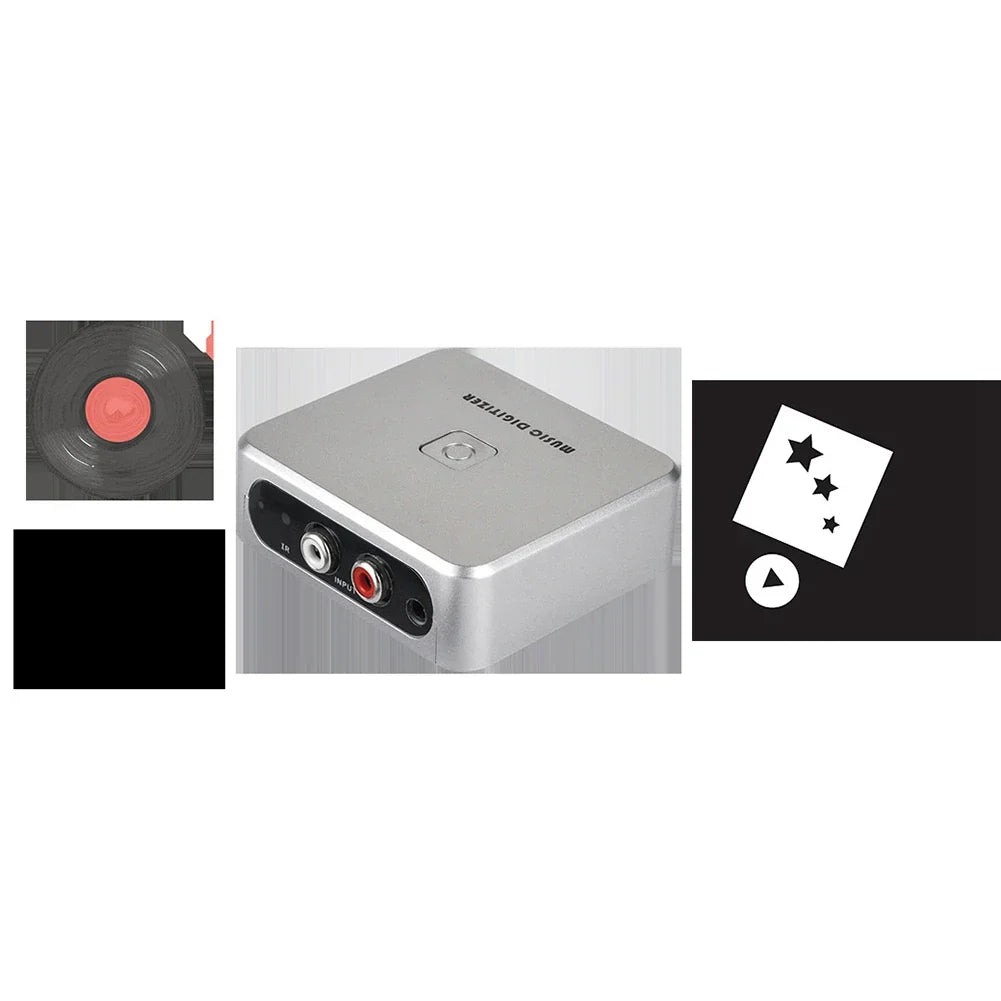 Silver rectangular music digitizer audio capture recorder box with labeled rca and 35mm jacks for usb and sd card