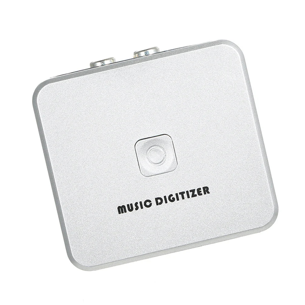 Silver rectangular music digitizer with brushed metal finish, two audio jacks, mini usb port for player record analog use