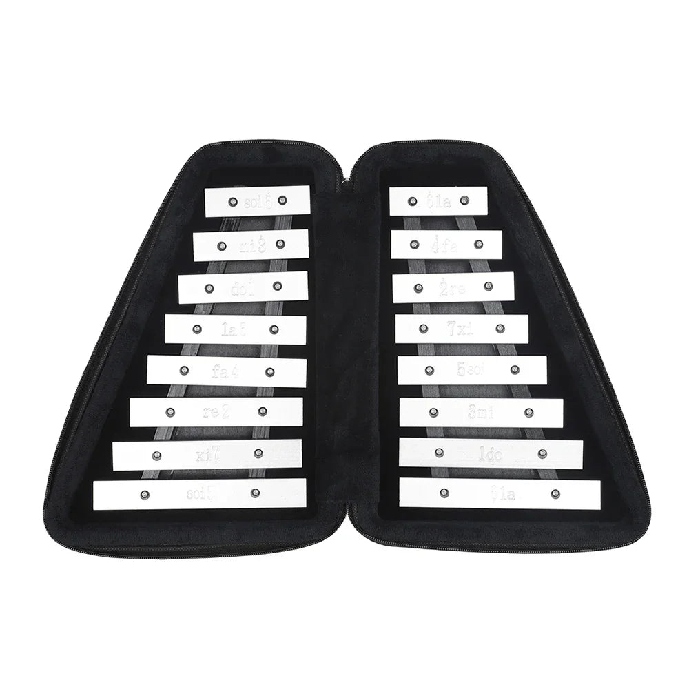 Silver-colored metal knock piano xylophone with white keys and black lettering in a black zippered case for early education knock and funny toys gifts