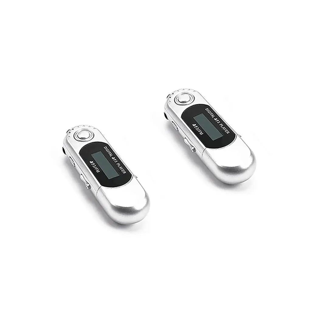 Silver digital music mp3 player with black screen and circular control buttons featuring radio long endurance and smooth u disk