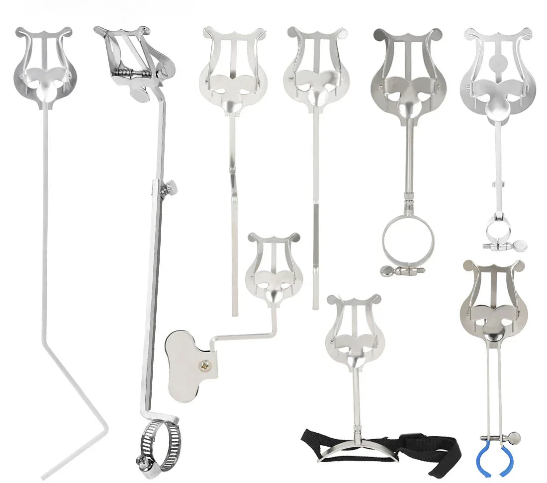 Set of silver-colored metal music stand clarinet and trumpet flute winds with adjustable clamps for saxophone baritone portable use
