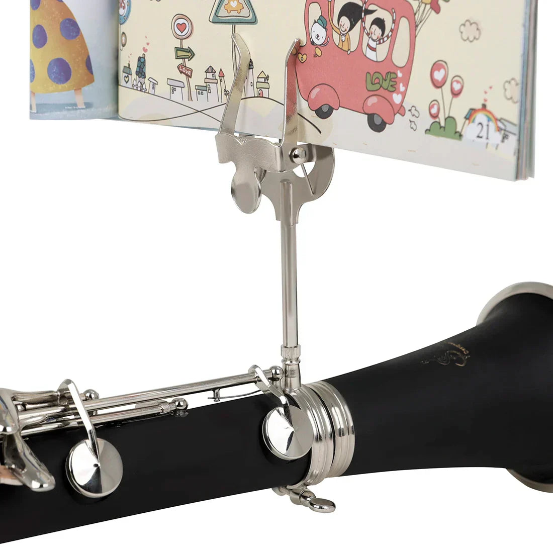 Silver metal music stand clarinet clip attached to a black clarinet for winds saxophone baritone sheet music use