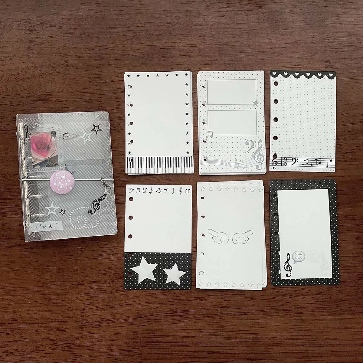 Silver patterned binder notebook scrapbook with pink rose and musical note accents tie closure photo album card organizer