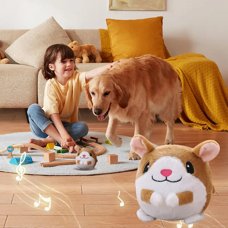 Plush hamster toy with brown and white fur pink nose and embroidered features music vibration bouncing bite resistant funny interactive squeaky toy