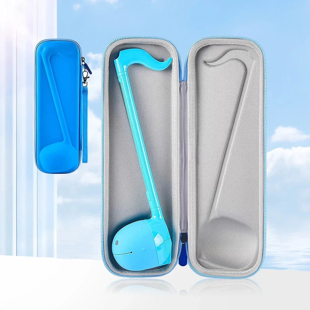 A bright blue waterproof music instrumental koto-shaped carrying case with curved neck for instrumental toy storage