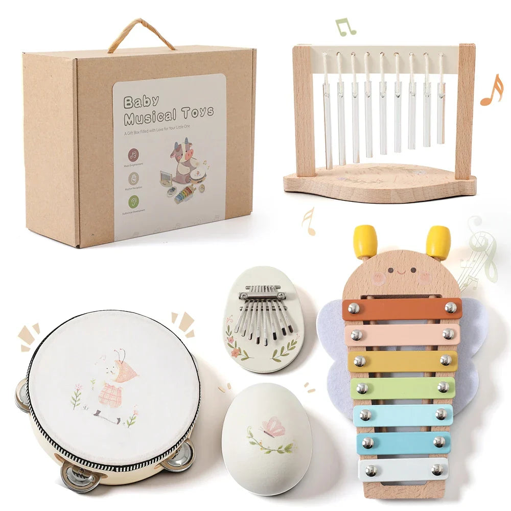 A charming early educational wooden musical instruments montessori toys drum xylophone with colorful rainbow keys and yellow antennae