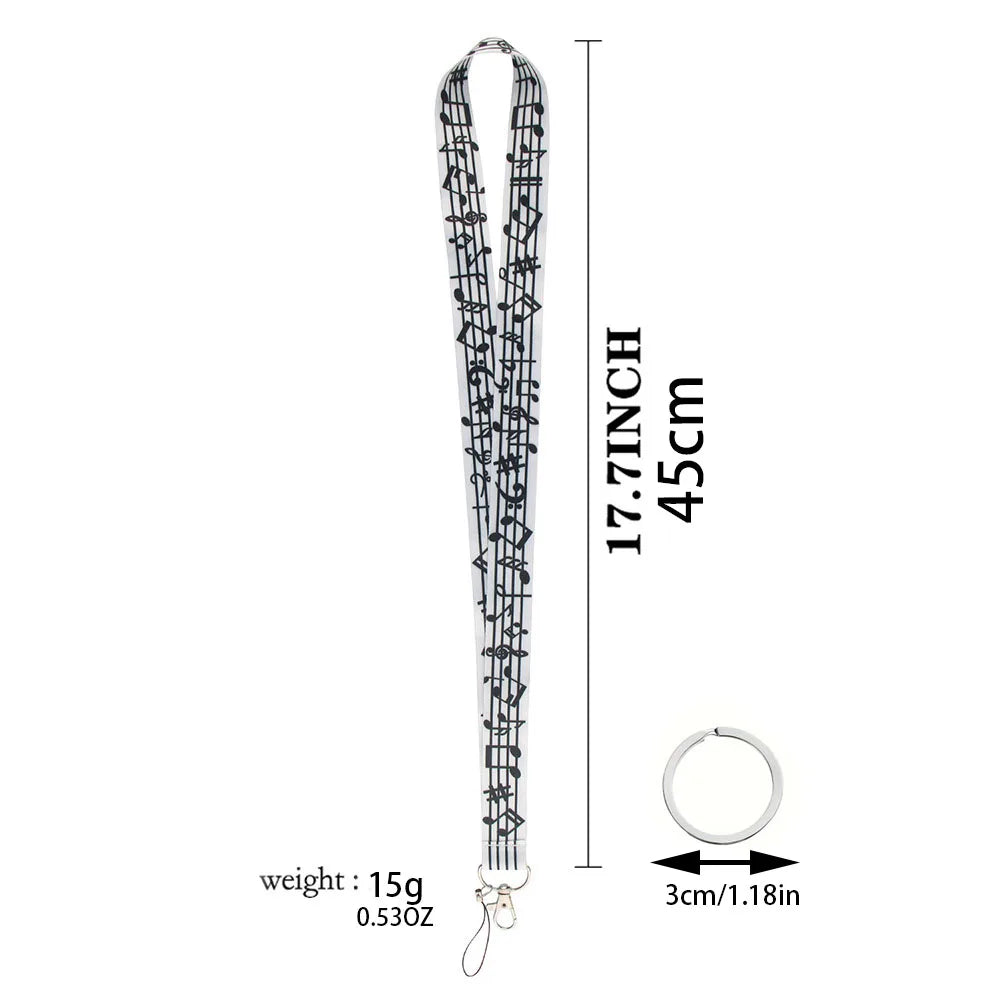White musical notes lanyard strap id card holder with silver clasp rope cell phone key ring accessory