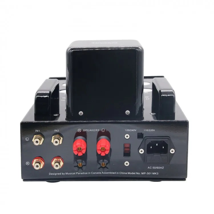 Black musical paradise mp-301 mk3 deluxe mini tube amplifier with red and gold speaker terminals and headphone output
