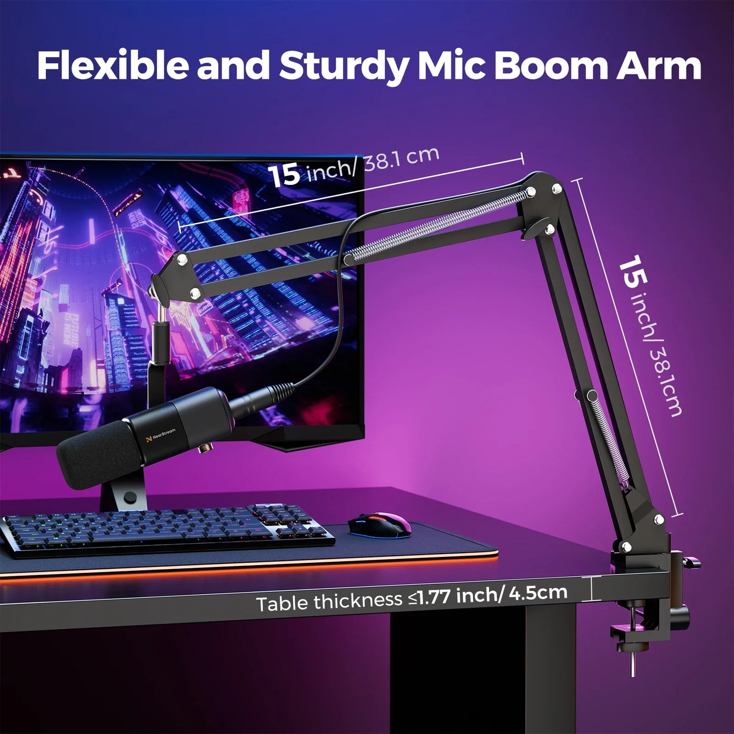 Black flexible sturdy mic boom arm with adjustable joints spring-loaded mechanism for nearstream usb xlr condenser streaming podcast studio