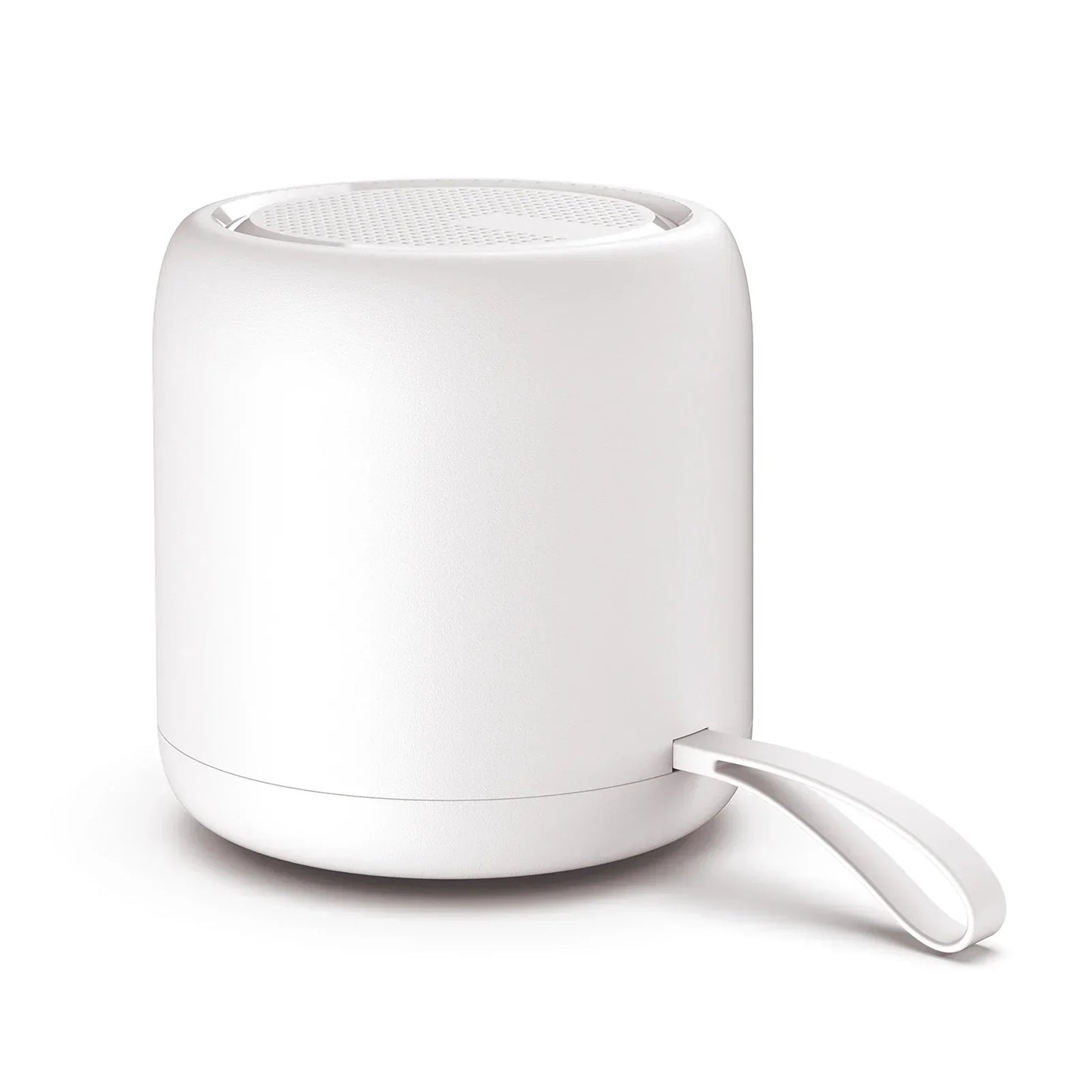 White cylindrical mini subwoofer portable speaker with smooth plastic body and carrying loop for camping bluetooth audio and music player outdoor