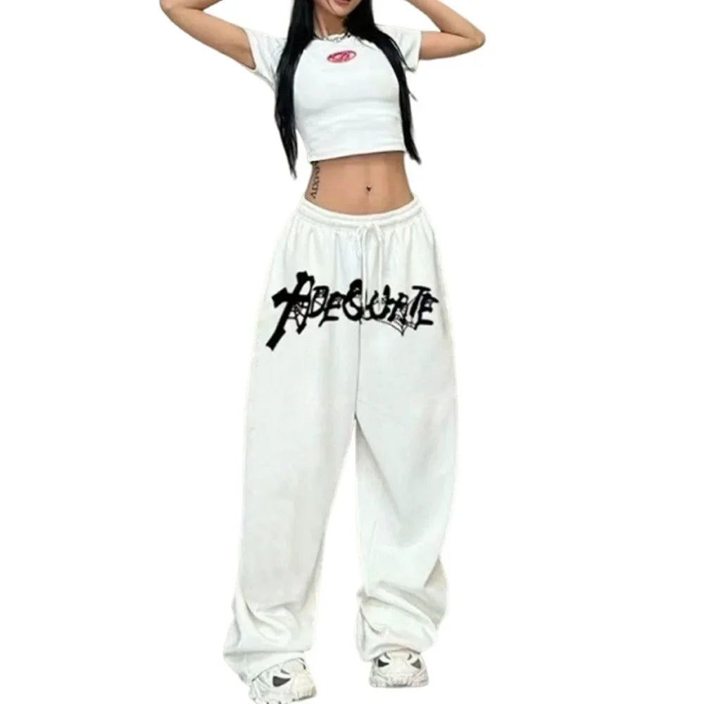 White high waist wide leg sweatpants with black adeswear graffiti lettering for hip hop jazz dance and sportswear