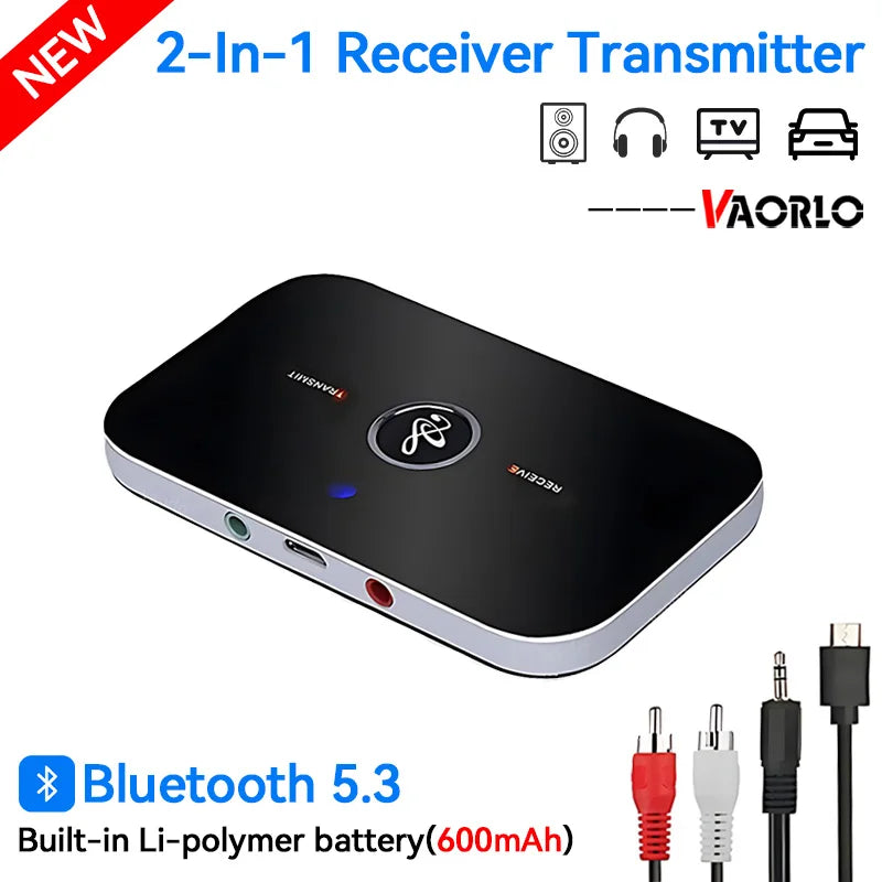 Black and silver vaorlo 2-in-1 bluetooth 5.3 music wireless adapter with audio ports wireless adapter 600mah for computer tv headset