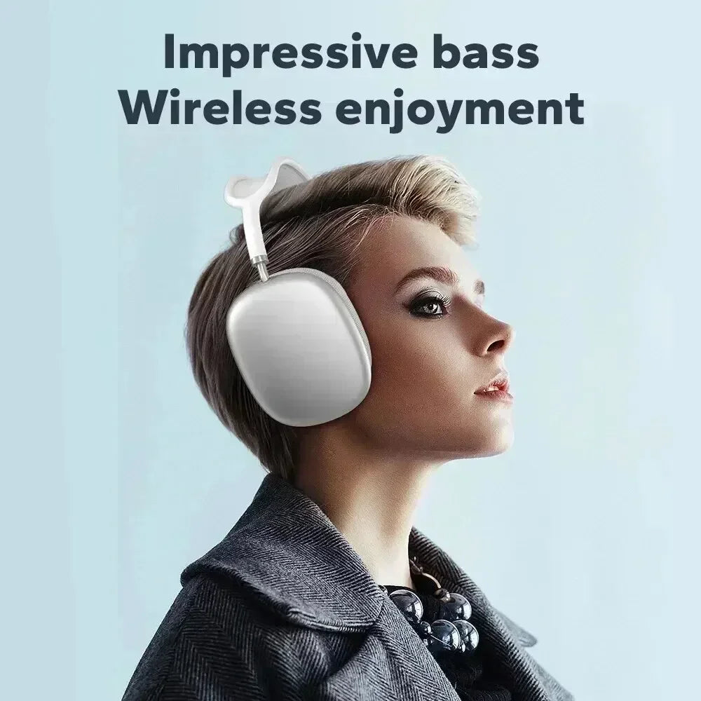 White over-ear bluetooth wireless headset with mic designed for sports gaming and seamless phone connectivity
