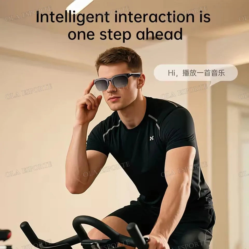Black-framed new camera control smart glasses with sleek design and headphones wireless bluetooth for music and hifi audio