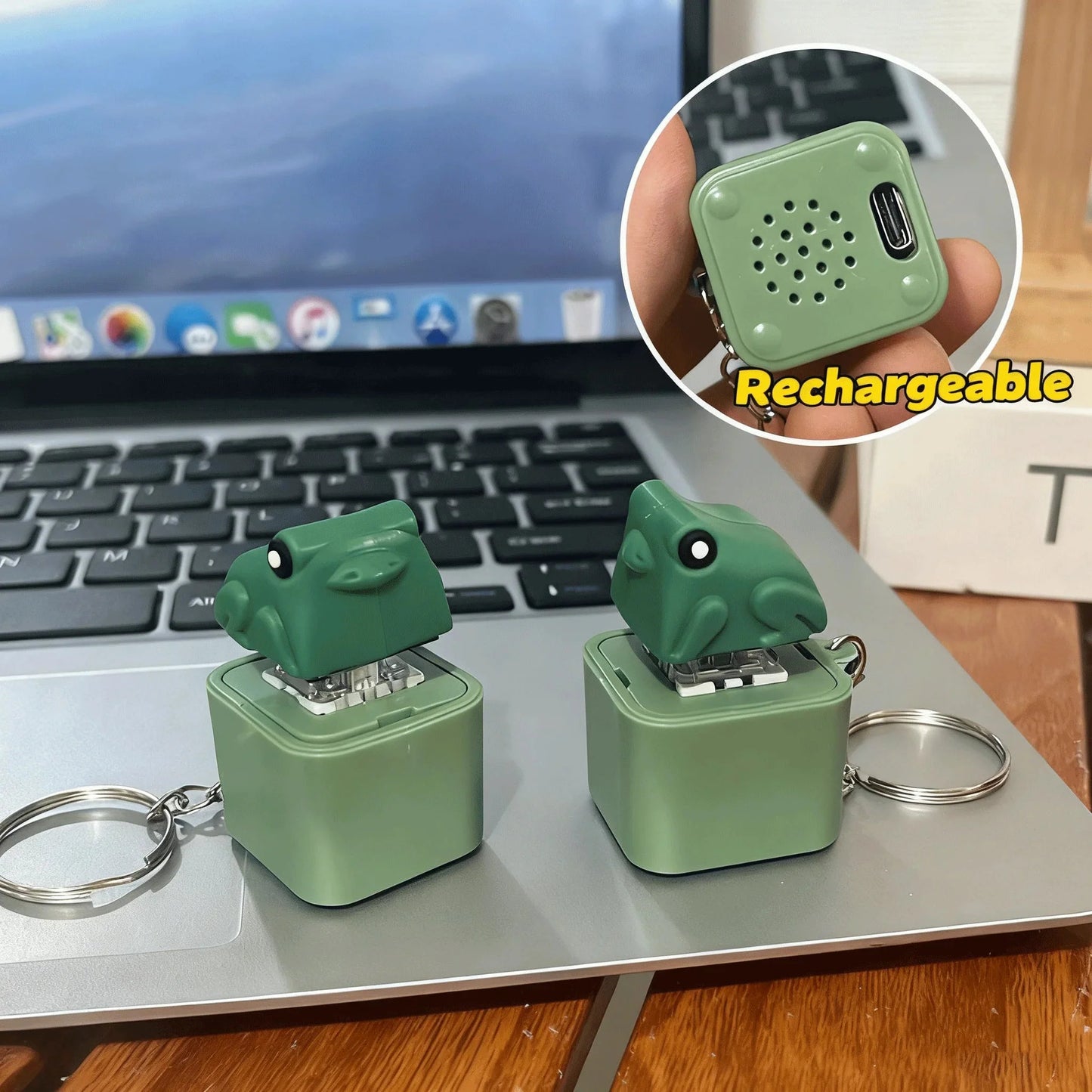Green croaking frog keychain speaker with square plastic body and metallic ring for keyboard fidget clicker and stress relief