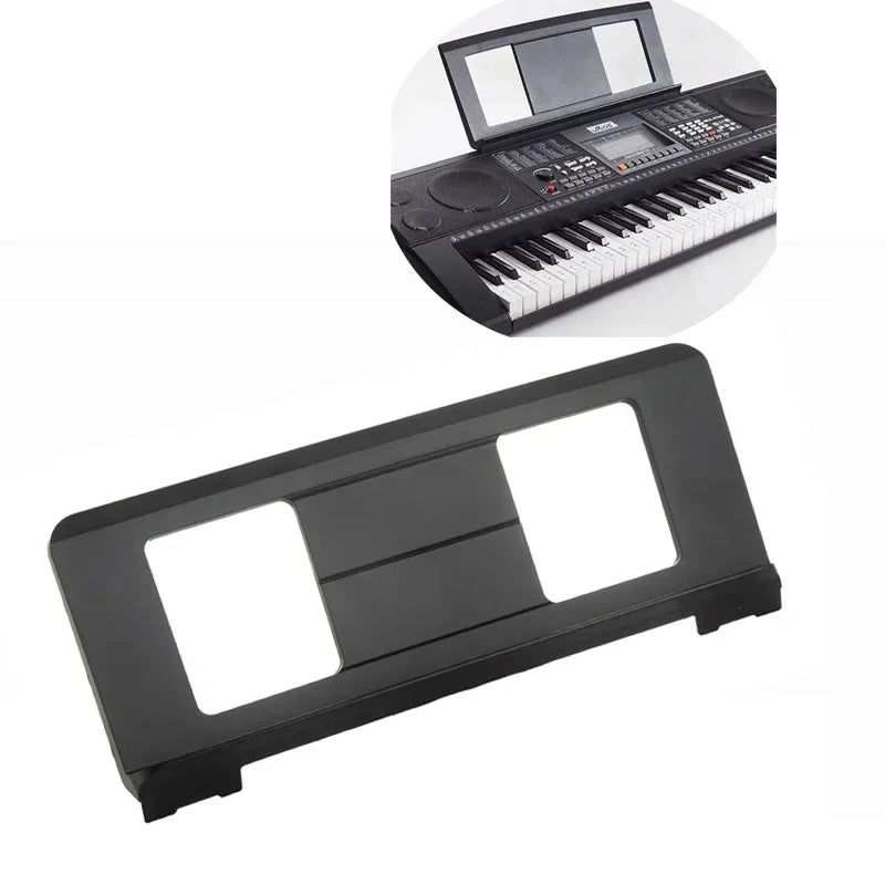Black plastic electronic piano music stand with two rectangular cutouts for screen and keys portable music stand