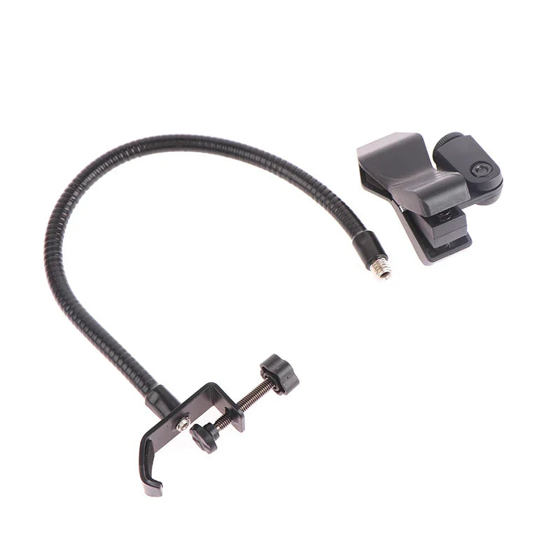 Black flexible microphone gooseneck phone stand with adjustable clamp and screw for radio broadcasting studio live use