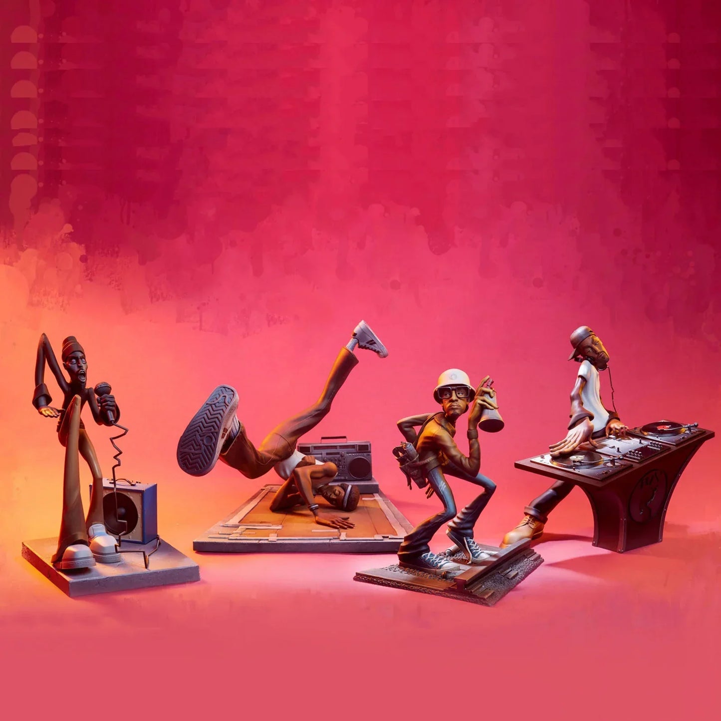 A set of four colorful resin hiphop artist statues in dynamic break dance shapes around a dj desktop ornament