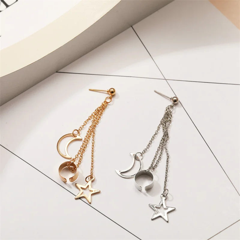 New hiphop clip earrings for women featuring gold and silver cuff punk personality star moon pendants tassel design