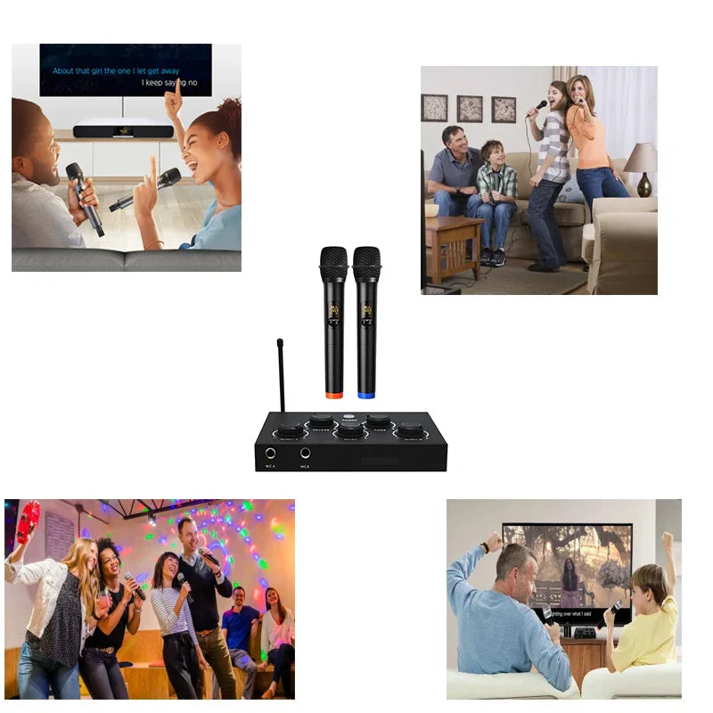 Black wireless karaoke mixer with dual channels two microphones hd arc optical aux for home theater launch