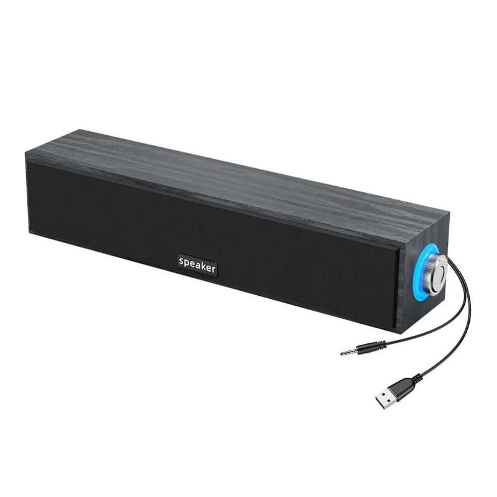 Black rectangular wired bluetooth dual speakers wooden small computer notebook sound bar with usb and aux cables
