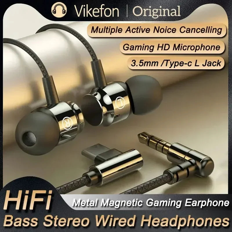 Vikefon original metal magnetic wired game earphones in black and silver with aux type-c earphone jack hiif bass connectivity
