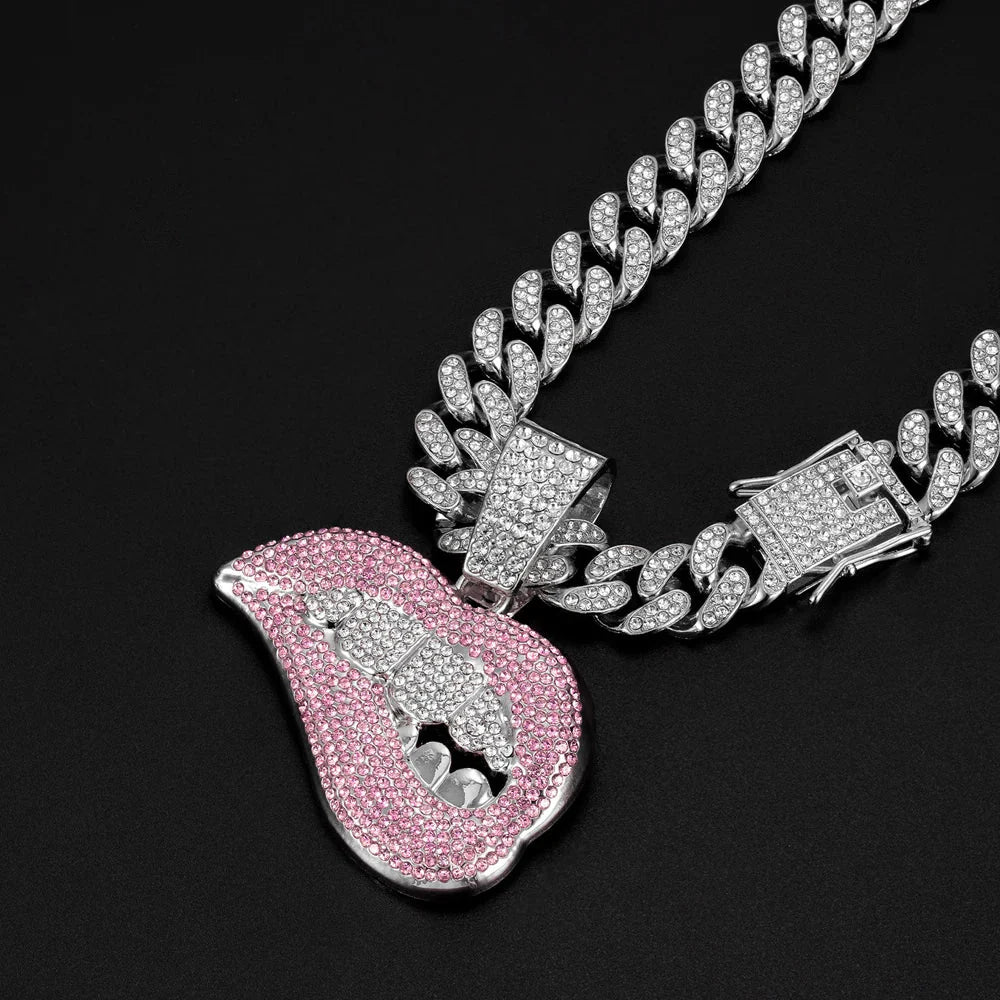 Pink and silver diamond-encrusted lip pendant on a 13mm crystal cuban link chain women hip hop bling hiphop necklace