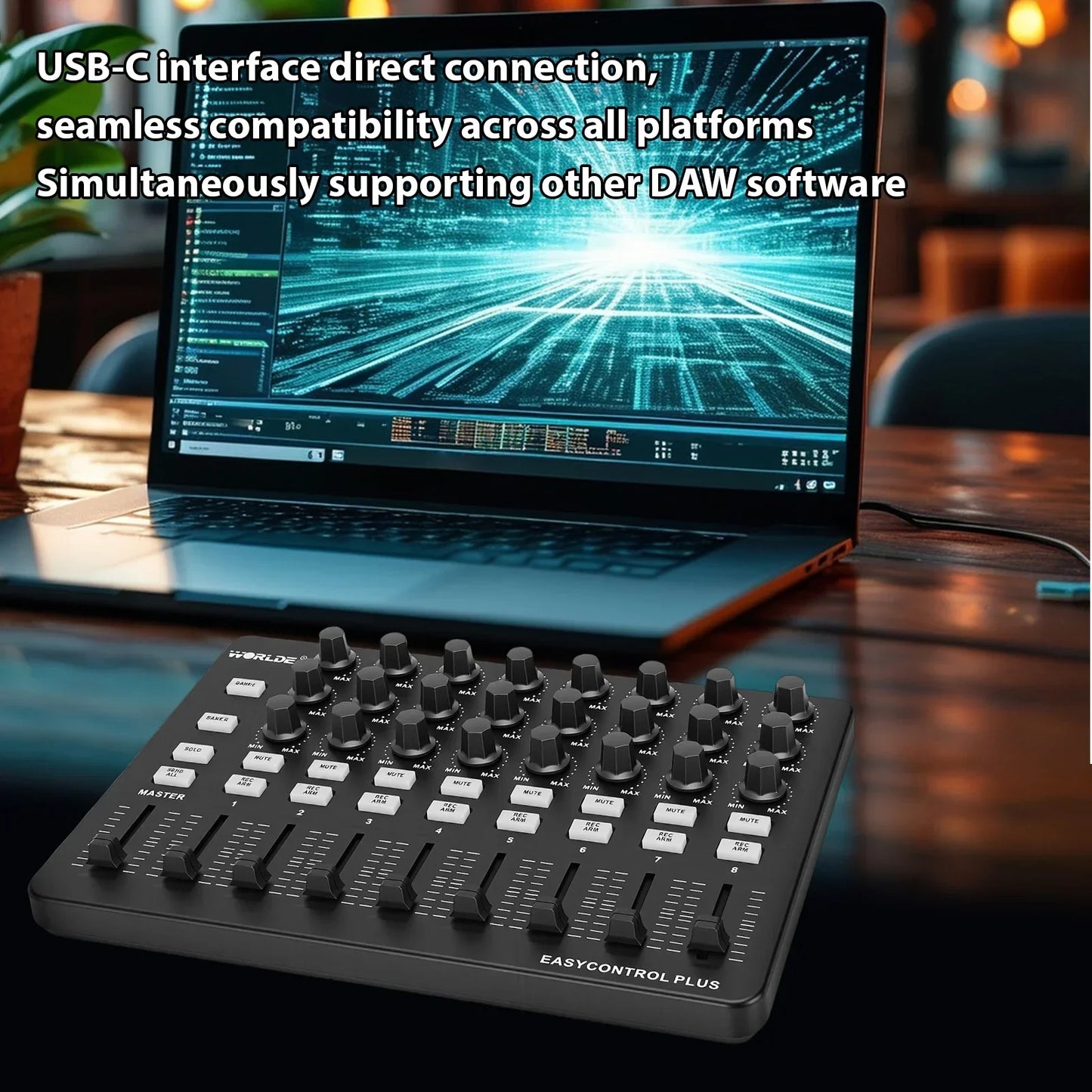 Black world-de easycontrol plus usb-c audio interface with knobs and sliders for portable midi controller music creation tool control