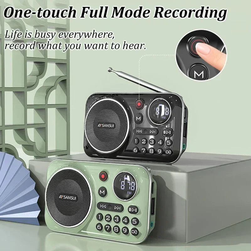 Black and mint green sansui mini radio speakers outdoor with digital display antenna numeric keypad portable soundbox