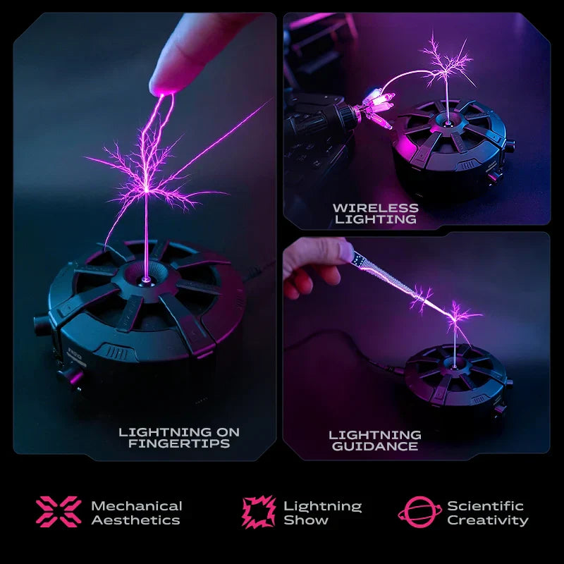 Black circular base tesla coil bluetooth with purple artificial lightning and aux dual mode music box for science experiments
