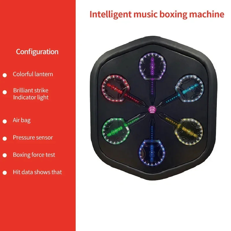 Black hexagonal smart wall mount bluetooth music boxing machine with six colorful led punching targets for training