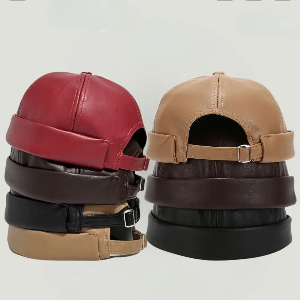 Red and tan leather landlord hat streetwear with adjustable straps in skin hat retro style for men and women