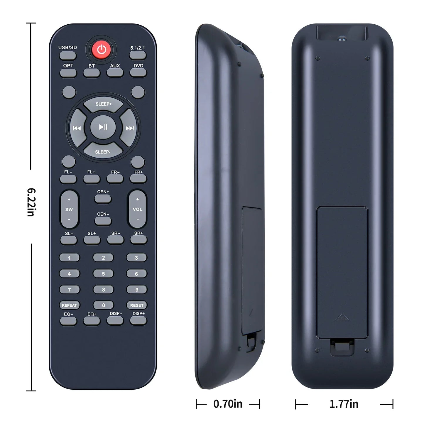 Black plastic remote control electric with red power button for acoustic audio home theater 5.1 bluetooth system