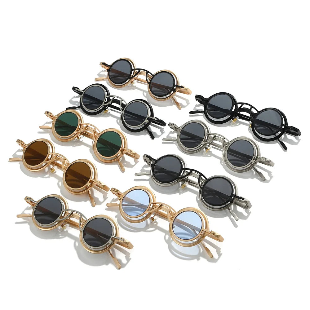 New round sunglasses unisex in gold black and silver with dark lenses and sun shades uv400 for men steampunk glasses style