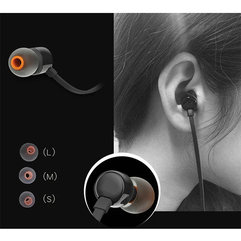 Black in-ear wired earphones true with orange accents flexible cable interchangeable silicone tips deep bass earbuds sports headset