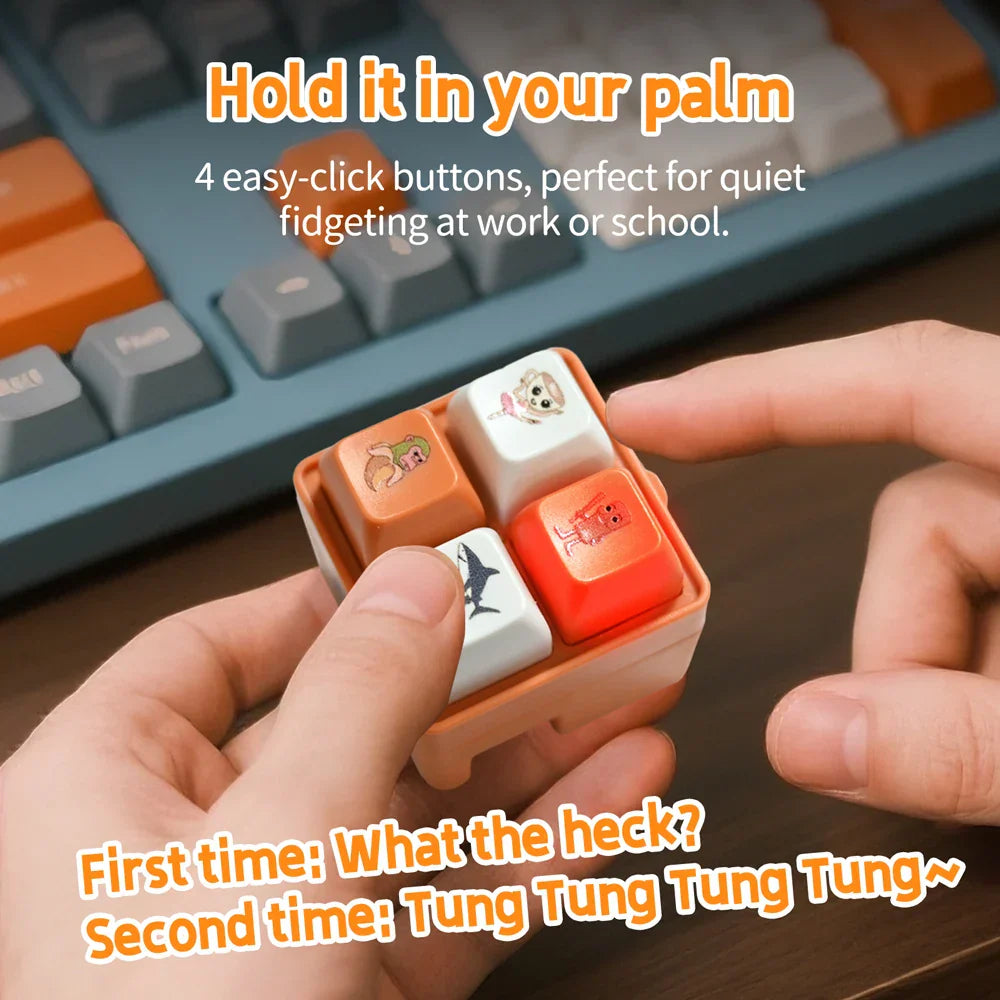 Orange plastic keycap holder featuring four colorful cartoon keys for tralala tungtungtung wooden anime peripheral decor