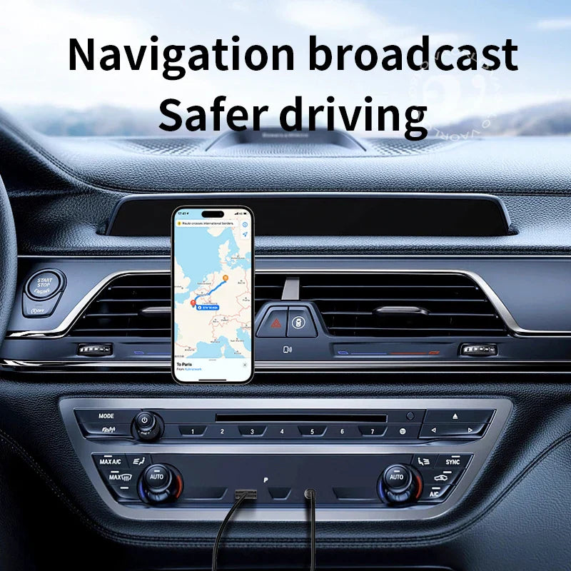 A sleek black bluetooth car aux adapter with audio receiver dongle handsfree in use on a smartphone navigation display