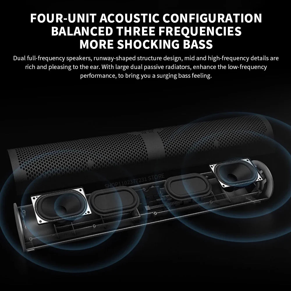 Black cylindrical new xiaomi redmi computer speaker with perforated grille featuring dual full-frequency drivers for enhanced sound effects and sky sound field experience