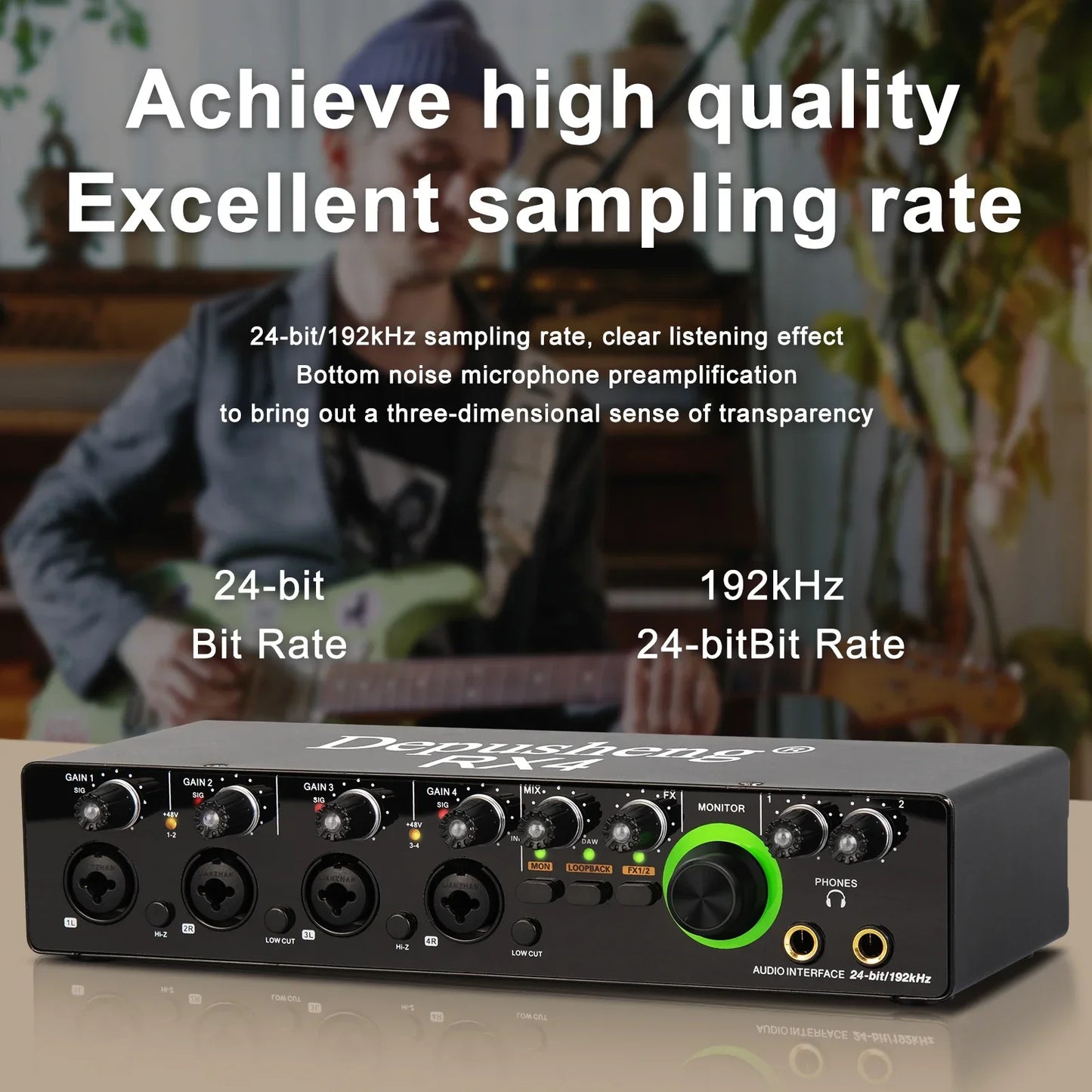 Black denon rx4 4 channel audio interface with green accent knob and multiple ports for podcast recording music and studio instrument live use