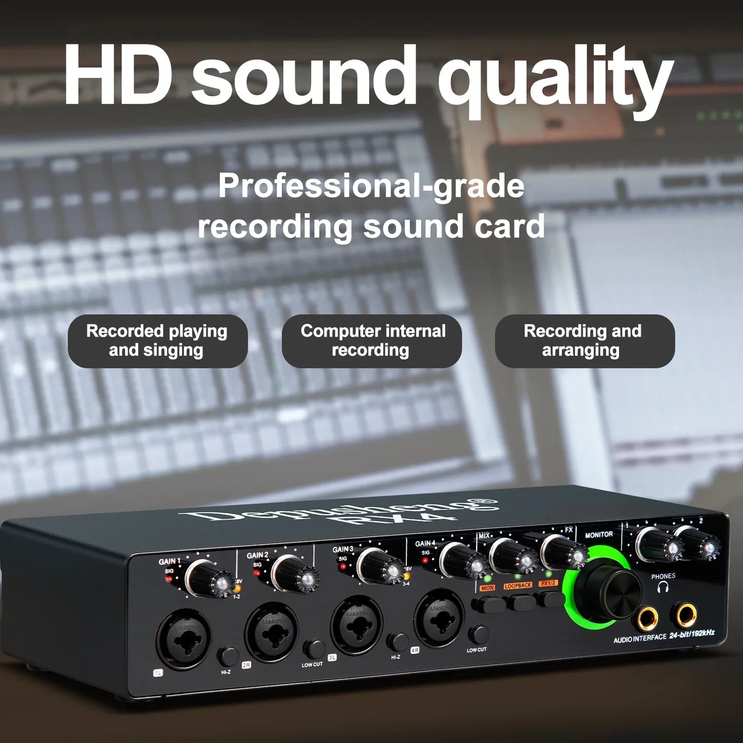 Black professional 4 channel audio interface with multiple inputs and green-lit headphone output for podcast recording music studio use
