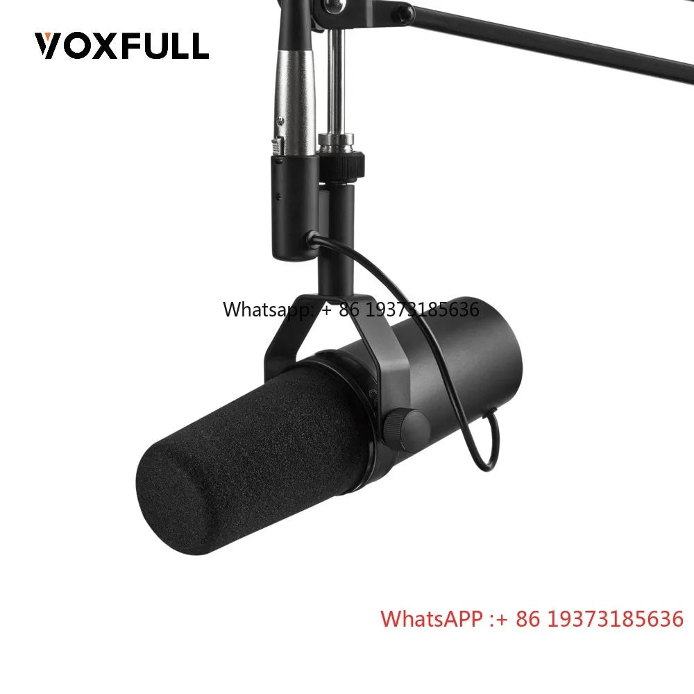 Black Voxfull condenser recording microphone with foam windscreen and metallic shock mount in newest manufacturer SM7B microphone kit