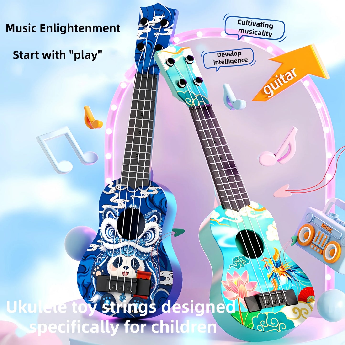 Two colorful strumming ukulele beginner-friendly toy guitars with vibrant cartoon designs and glossy plastic bodies for kids