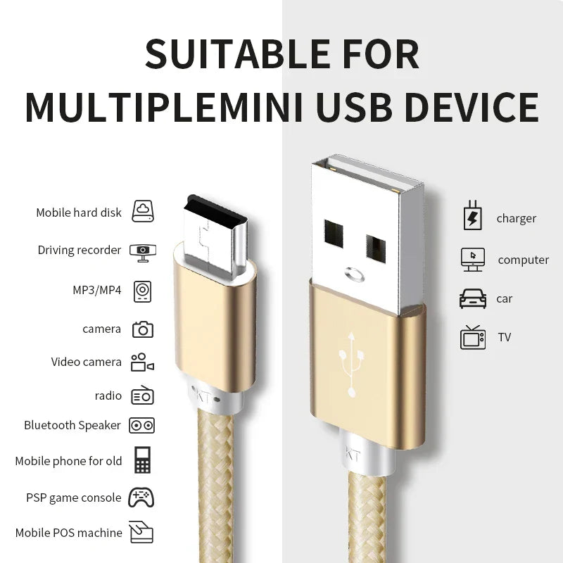 Gold-colored nnbili mini usb cable with braided fabric exterior and metallic connectors for player car dvr gps devices