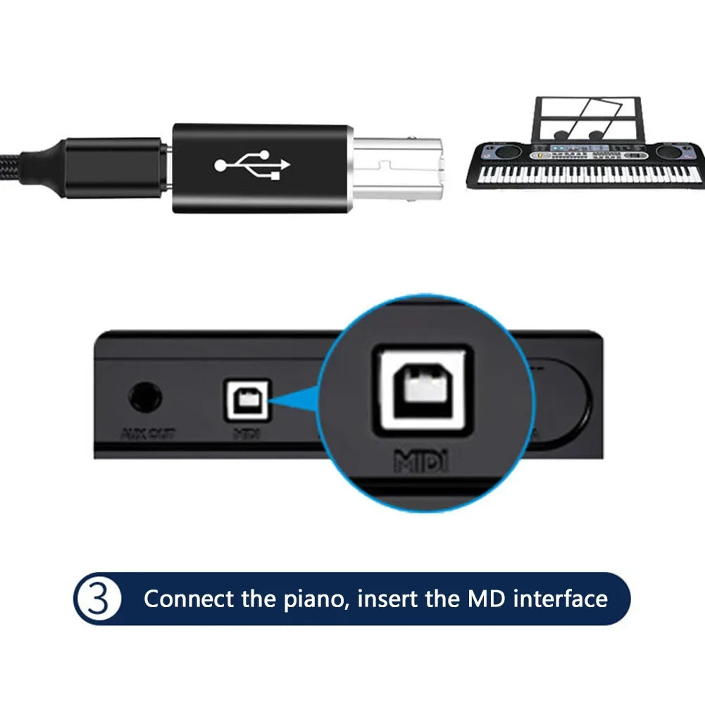 Black usb b male to usb type c female adapter with silver connector and white icon for scanner printer converter midi controller keyboard