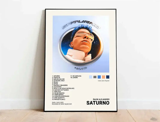A framed poster of pop rapper quevedo with blue hair and sunglasses on a cosmic background for room decor