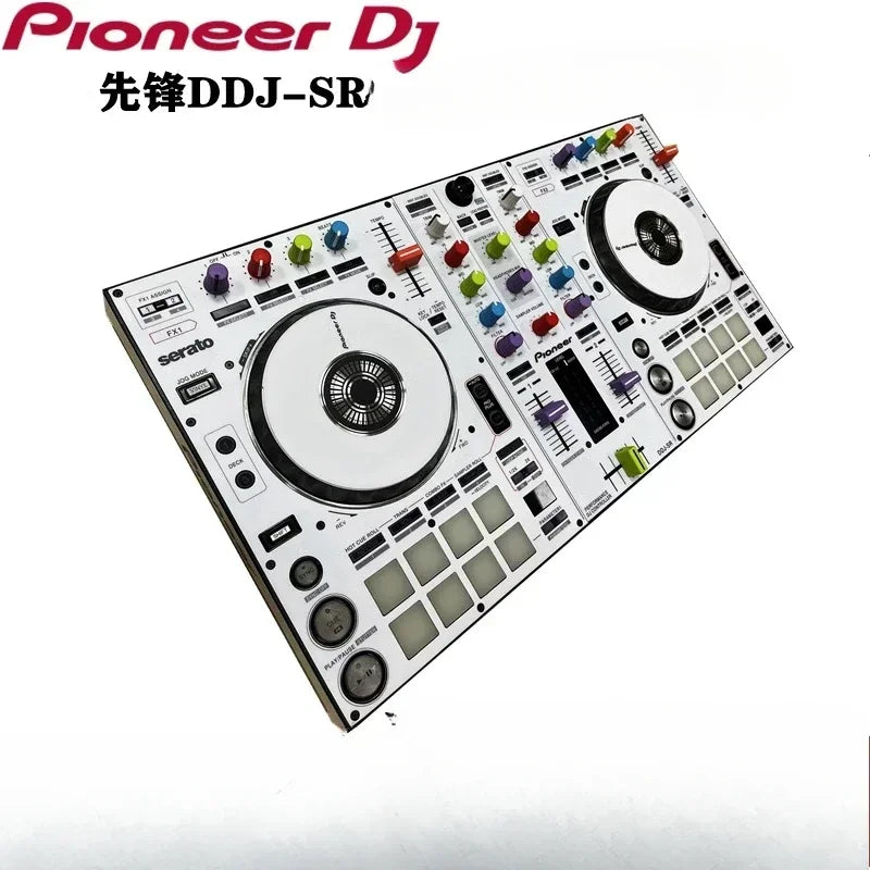 White pioneer ddj-sr dj controller fully surrounded by protective stickers with colorful knobs from beat music store
