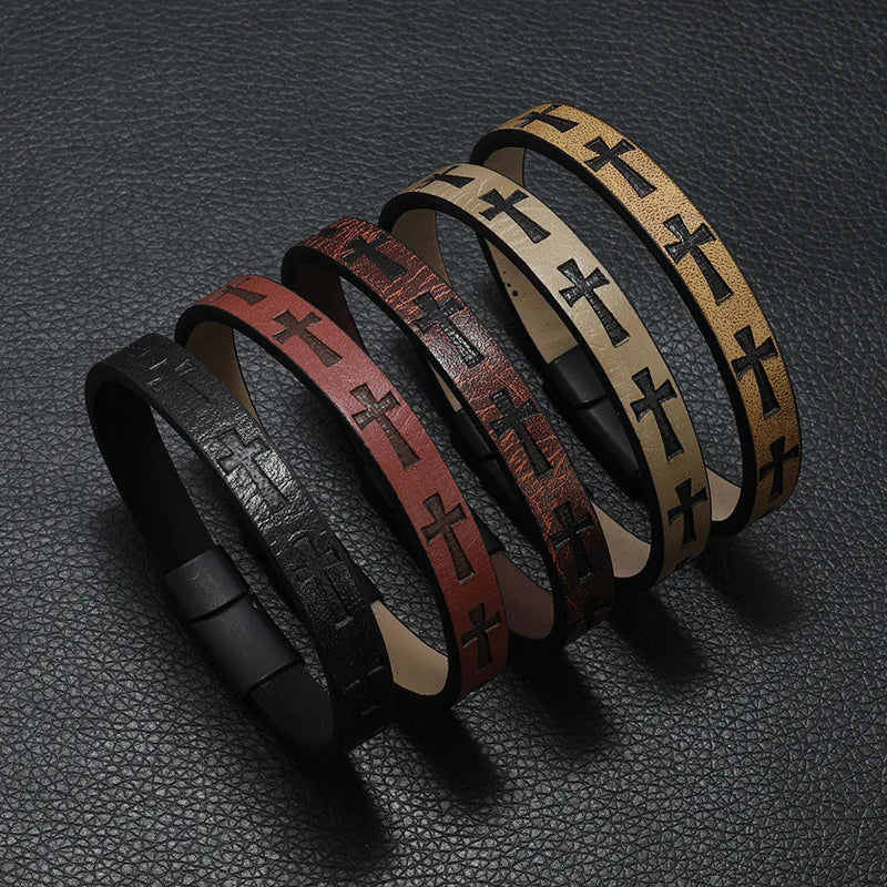 A set of five rock leather bracelets for men featuring cross patterns in black and brown with magnet buckle casual accessories punk