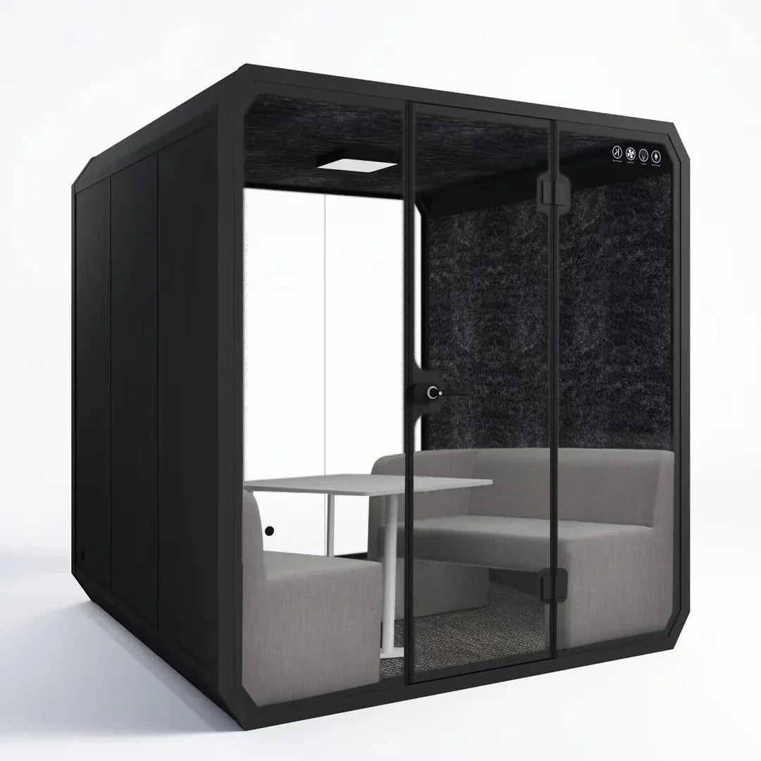 Modern black office pod soundproof with glass doors gray upholstered seating and white table for meeting living pods use