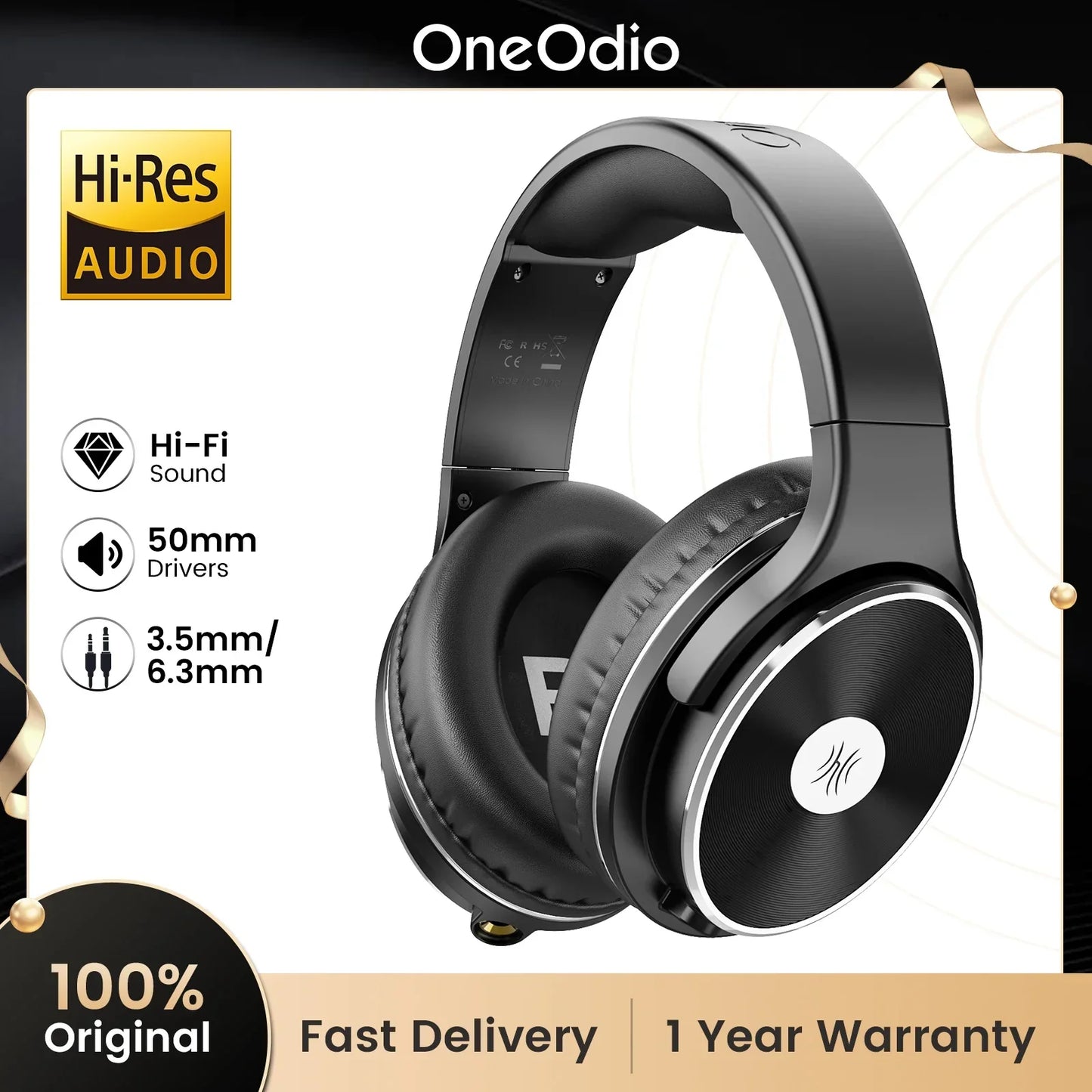 Black oneodio studio hifi closed back over ear wired headphones with dual jack professional design for mixing recording